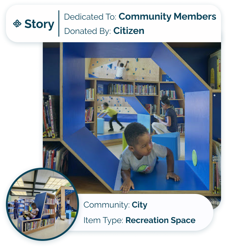 Story Card - City - Lifelong library patron donated childrens learning and play space
